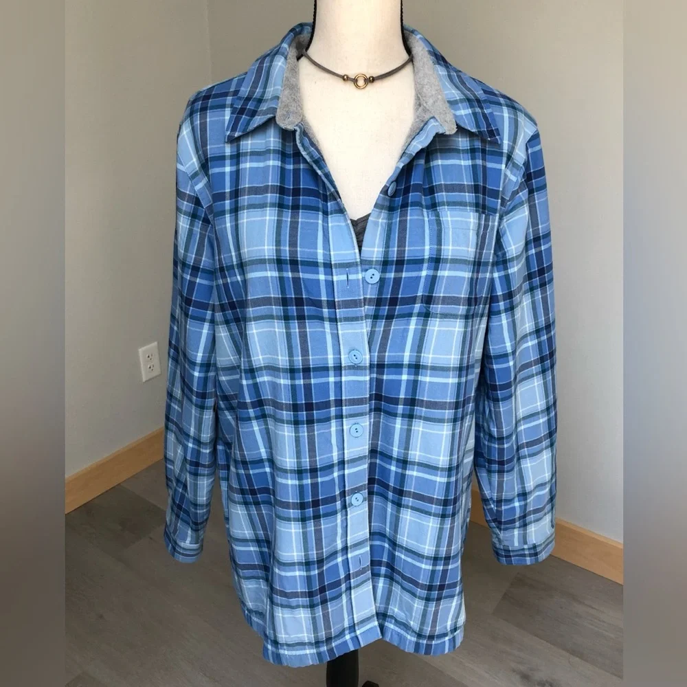 L.L.Bean Blue Plaid Fleece Lined Flannel Shacket Size Large - Picture 2 of 10